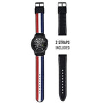 Two different straps for the GOLFBUDDY aim W10 in a black strap and red, white & blue strap.
