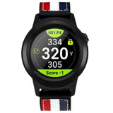 Hero image of the GOLFBUDDY aim W11 GPS golf watch on the yardage screen